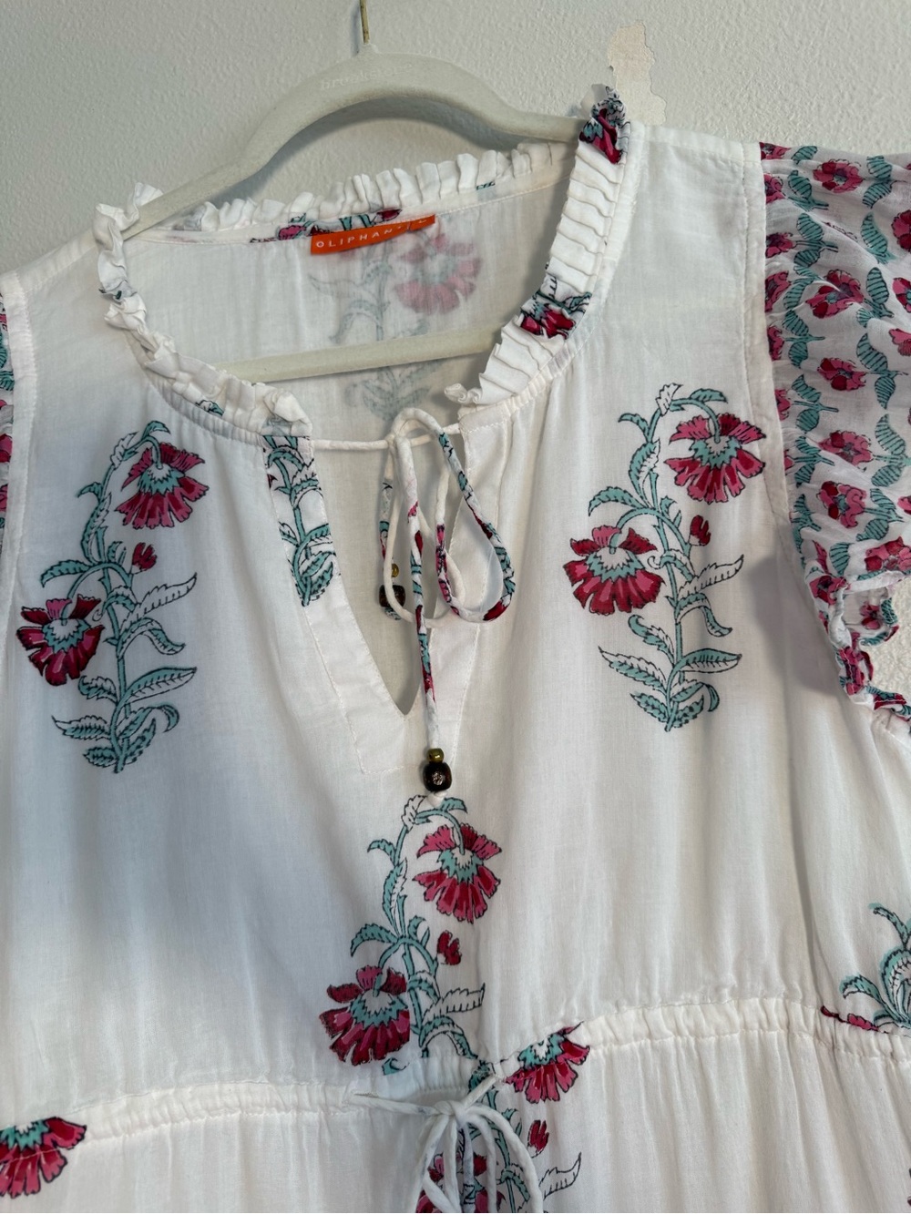 Oliphant Cinched Flirty mini dress cotton voile white pink floral Sz L - Picture 5 of 12